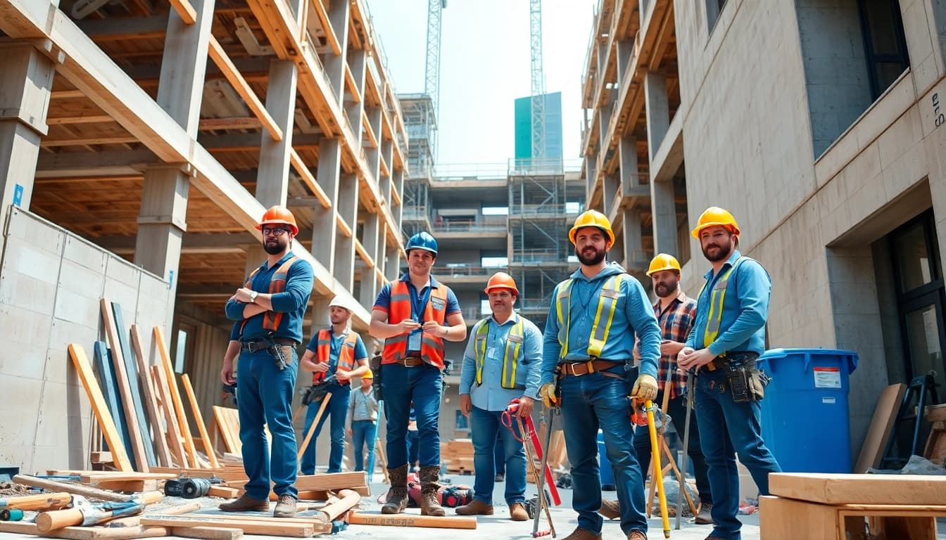 Careers in construction: Diverse professionals collaborating on a building site.
