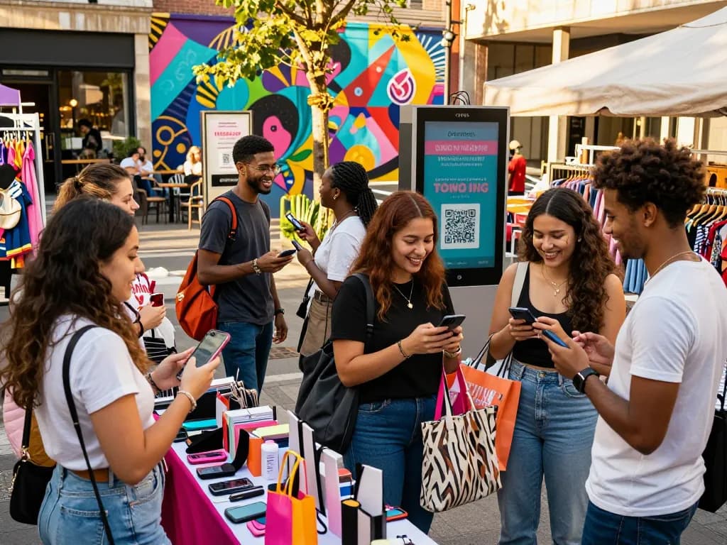 Youthful shoppers experiencing social shopping while engaging with trendy products in an urban market setting, showcasing that Social Shopping Is Exploding.