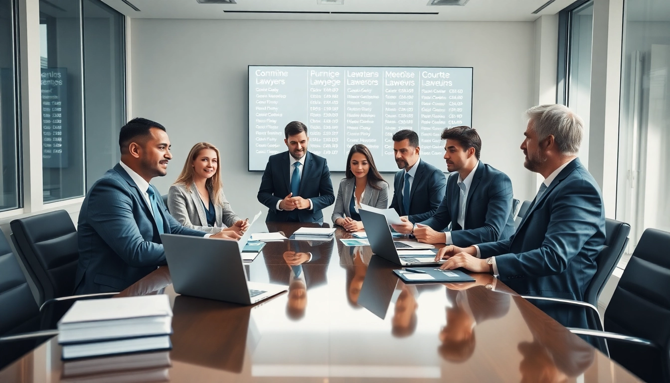 Group of diverse USA lawyers collaborating in a modern office environment.
