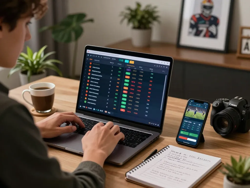 Engaged bettor using thabet online platform on a laptop while tracking live sports odds.