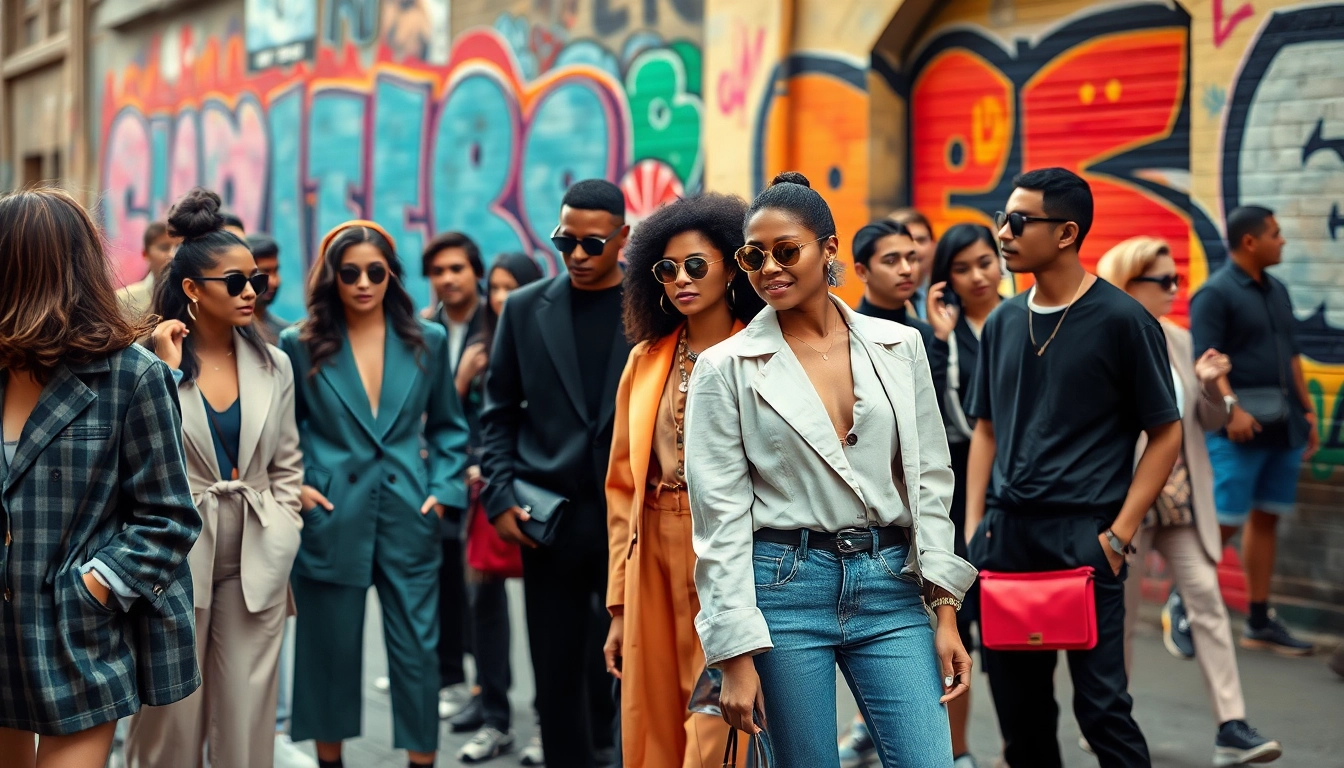Fashion enthusiasts displaying diverse styles and a vibrant urban backdrop.