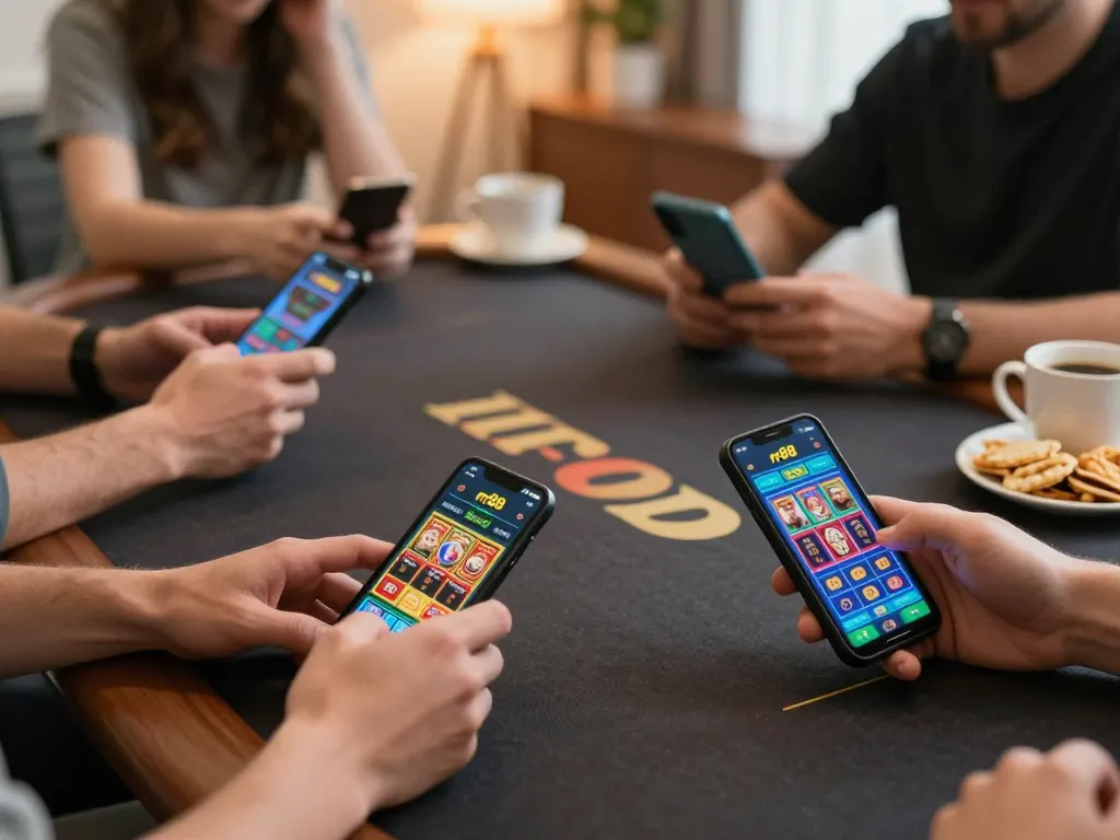 Players engaging in rr88 casino app gameplay on smartphones in a cozy home setting.