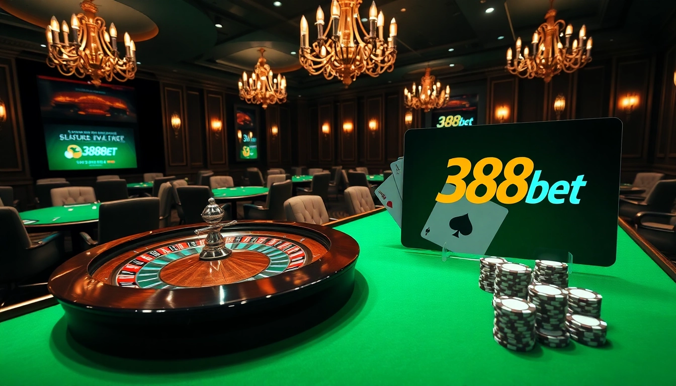 Engaging scene of 388bet casino with roulette wheel and poker chips, conveying excitement.
