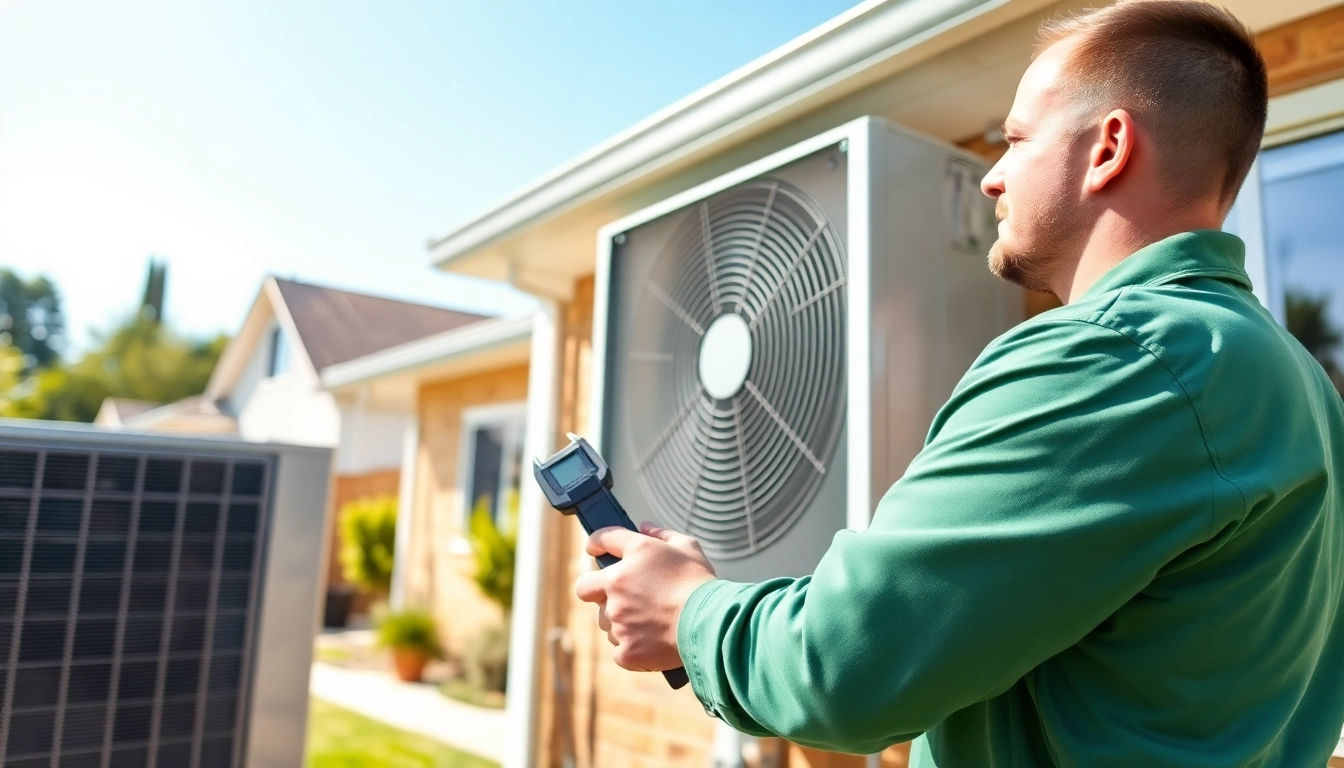 Technician from https://nobleheatingairservices.com servicing an HVAC unit in a home garden.