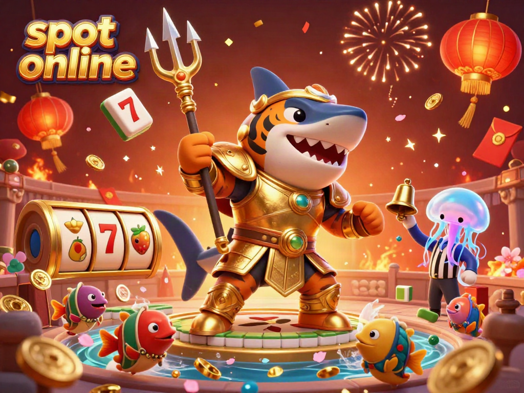 Experience vibrant slot online action with a thrilling shark gladiator amidst celebratory elements.