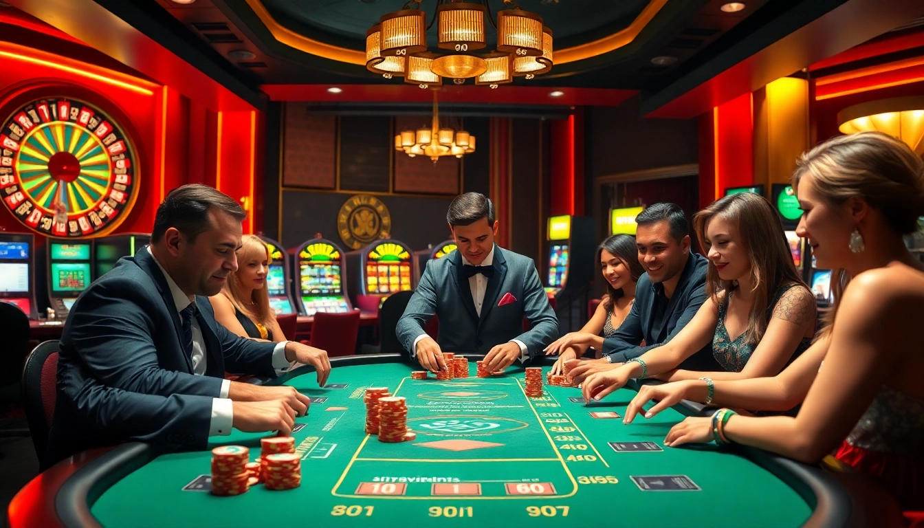 The excitement of poker at https://www.bdtk66.one/ with players around a vibrant table, showcasing chips and cards.