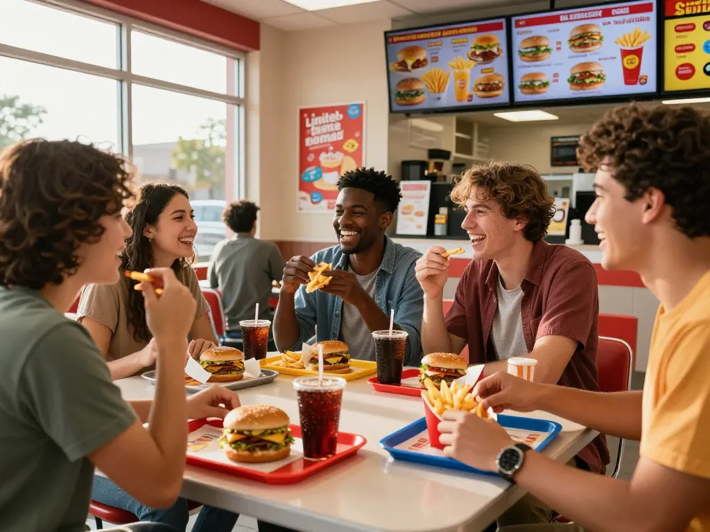 Group of friends enjoying a meal at a fast food restaurant, highlighting fast food prices on the menu.