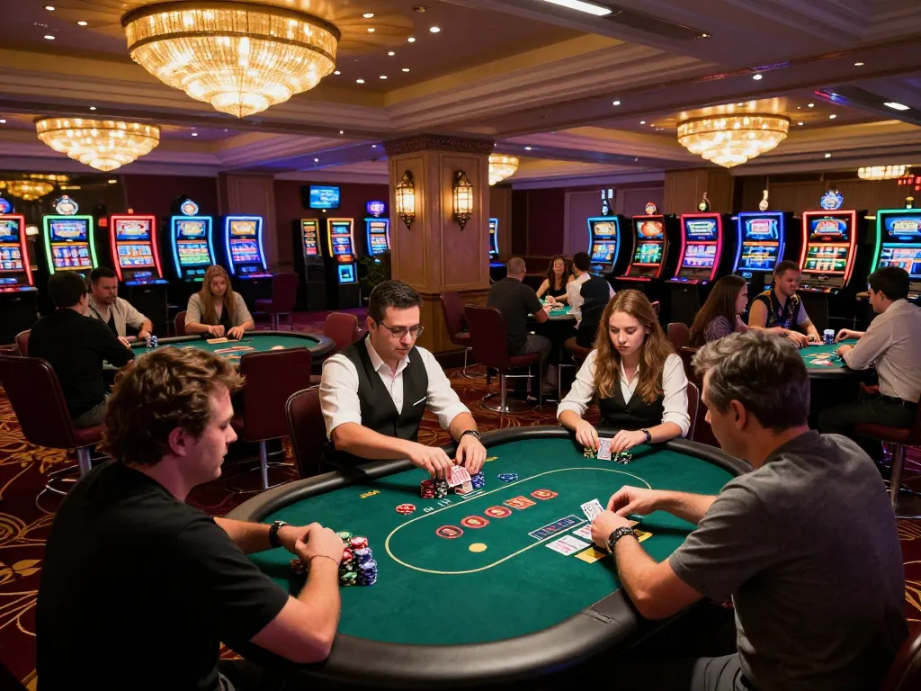 Players engaged in strategic poker gameplay at a casino table, focusing on their hands with chips stacked before them in an exciting atmosphere.