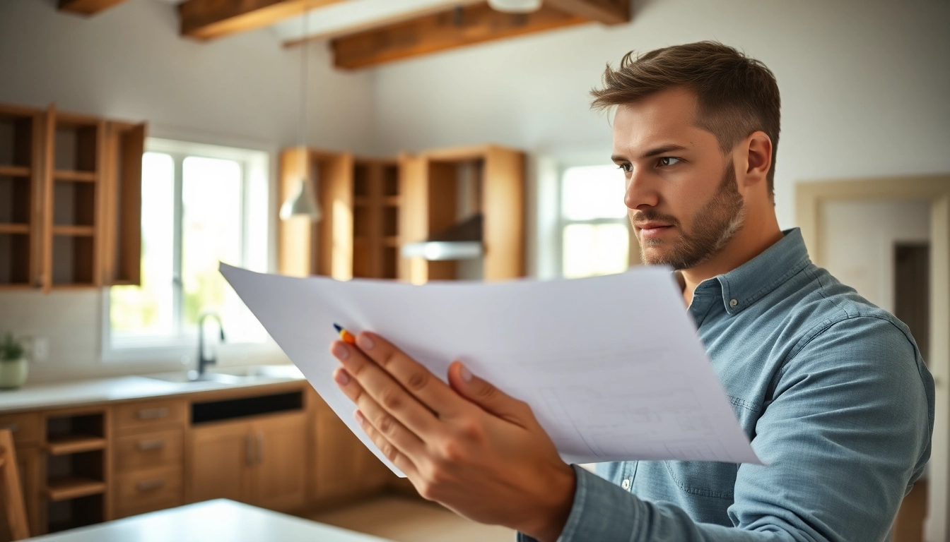 Remodeling Contractor analyzing renovation blueprints at a bright kitchen site.