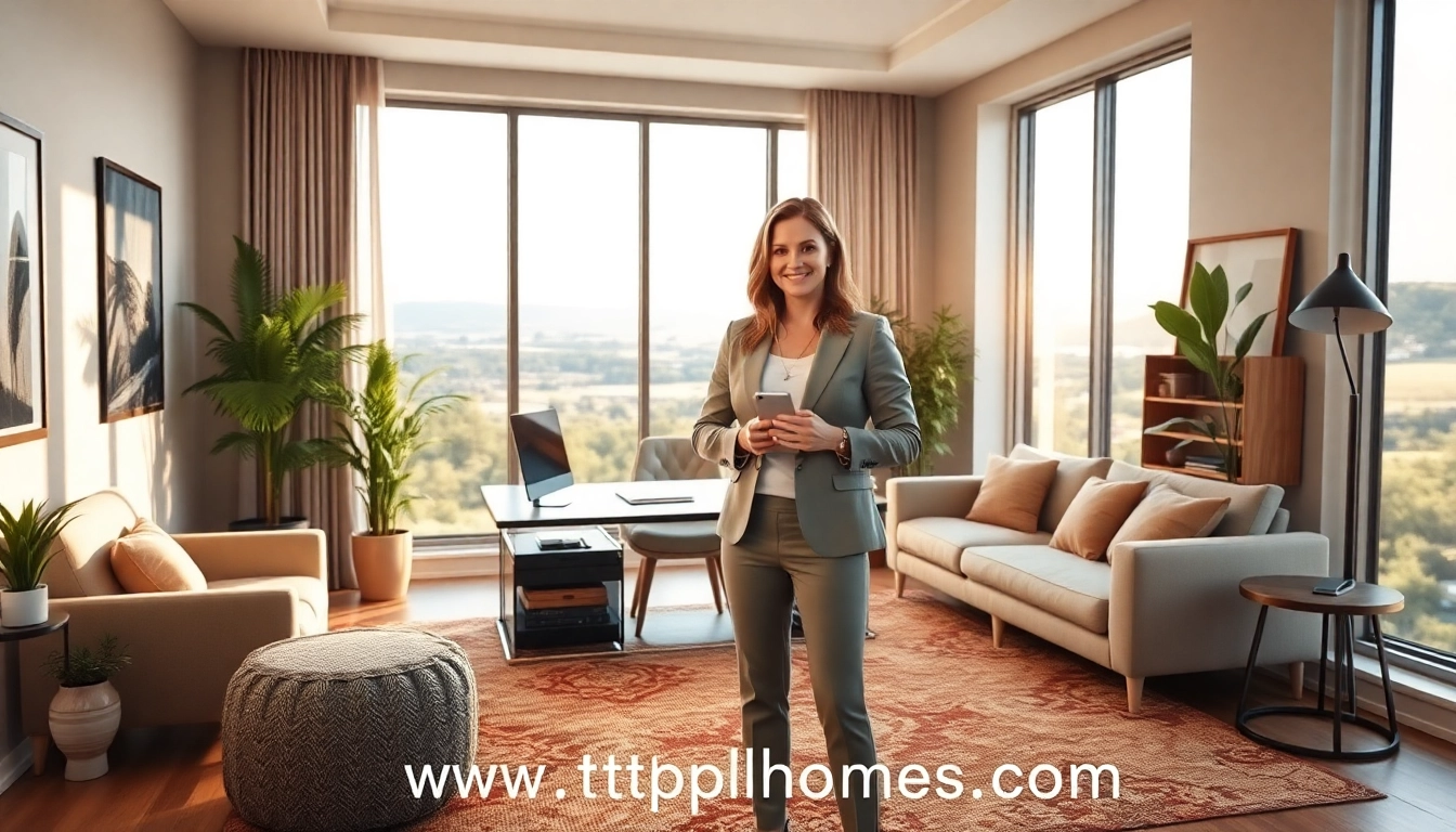 Showcase the modern home office environment of www.tbplhomes.com with a real estate agent at work.