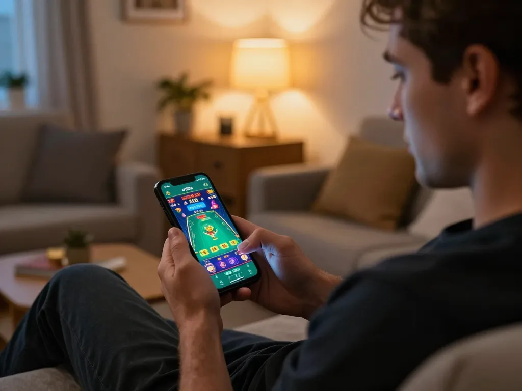 Engaging gameplay on the vt88 app in a cozy home setting with a smartphone