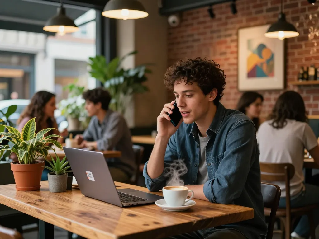 Individual enjoying a spicy chat on a smartphone in a cozy café, vibrant atmosphere.