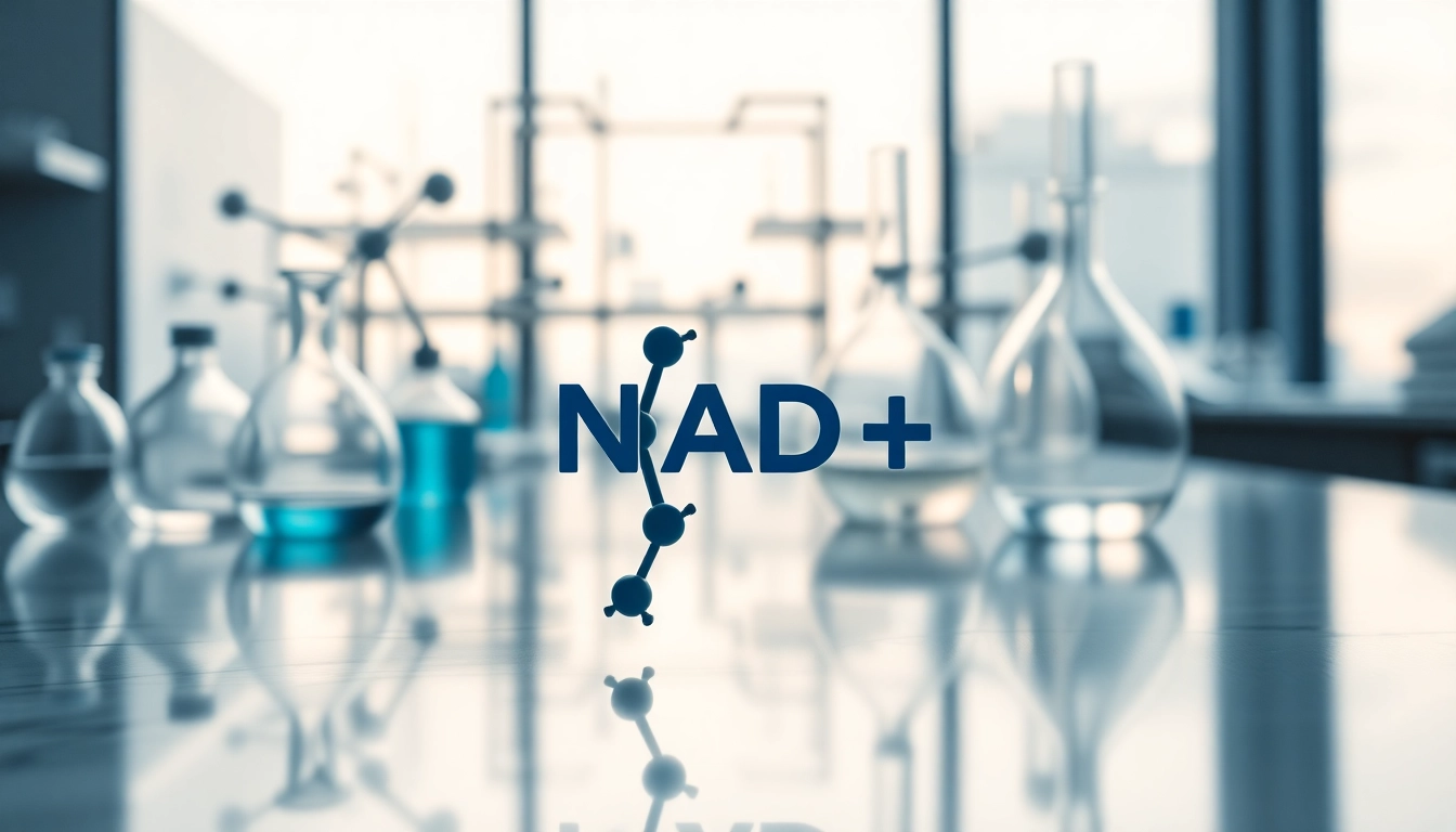 NAD+ molecular structure displayed prominently on a laboratory table surrounded by glassware.