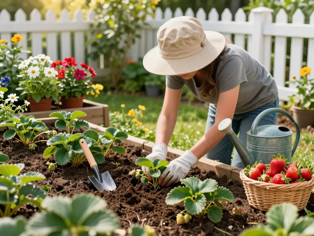 Gardener planting aardbeienplanten kopen surrounded by gardening tools and flowers