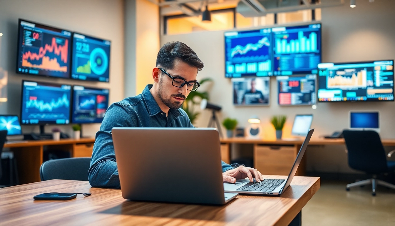 Explore innovative technology trends with a focused engineer surrounded by digital displays.