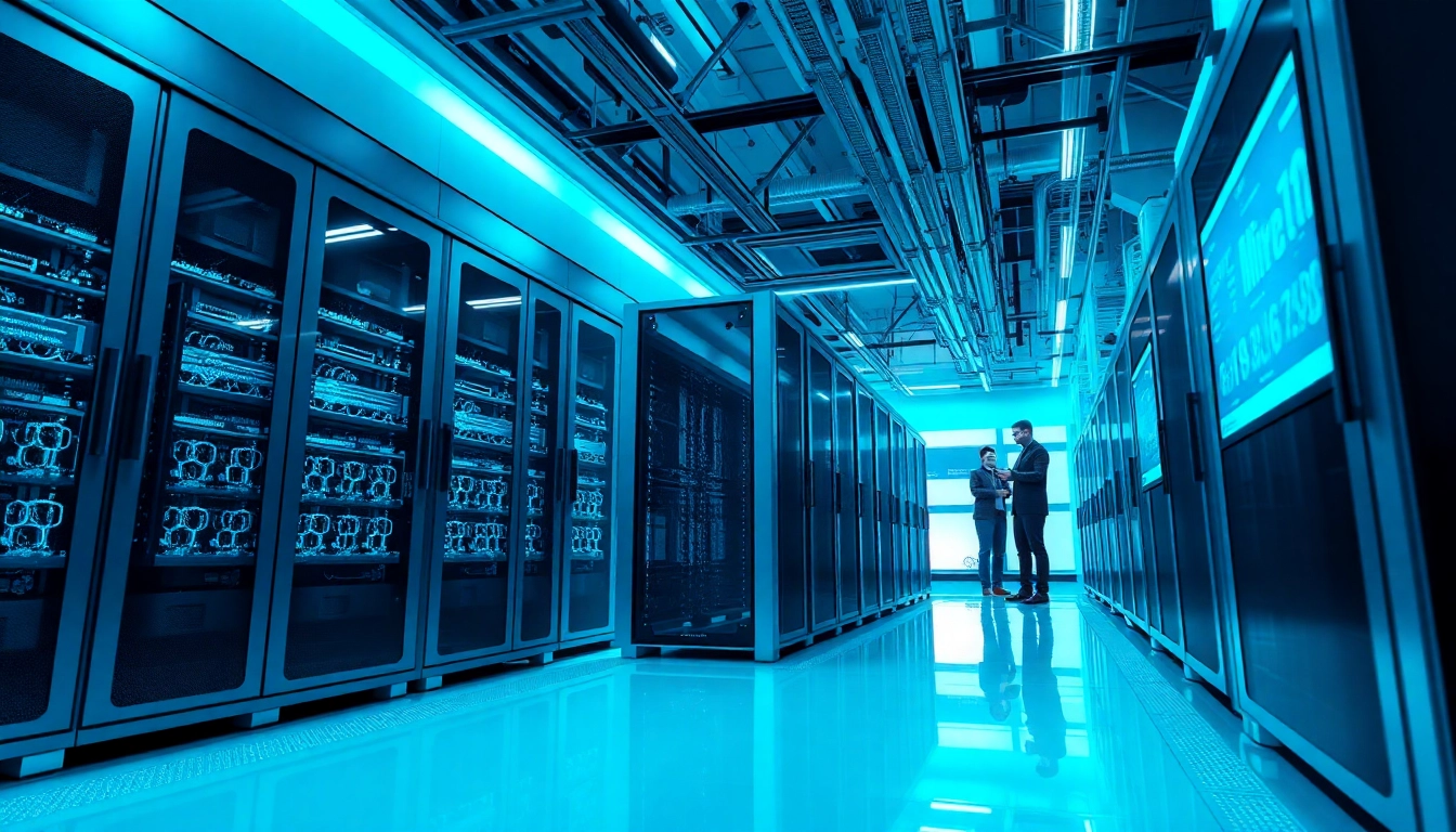 Futuristic cloud mining facility showcasing advanced cryptocurrency technology and digital interfaces.