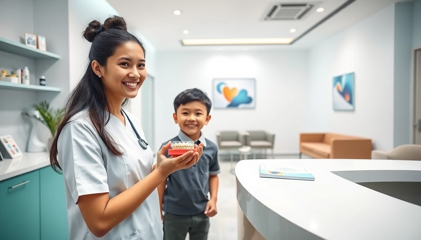 Welcoming dental clinic in Cheras showcasing orthodontic braces with a friendly assistant.