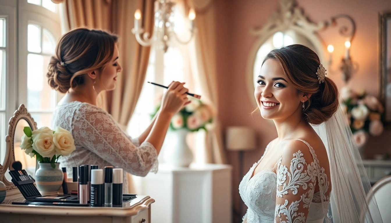 Wedding makeup artist beautifully applying makeup to a bride with elegance and skill.