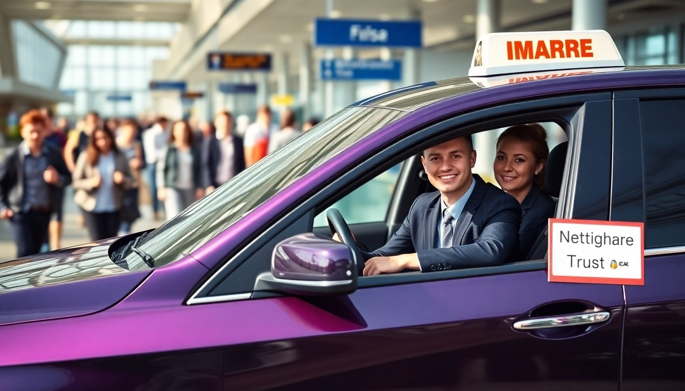 Experience seamless Nottingham to Heathrow Taxi rides, featuring a friendly driver in a vibrant airport setting.