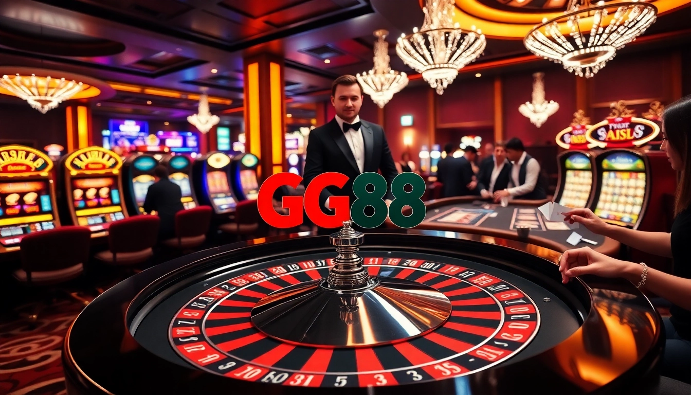 Excitement at GG88 casino with players engaged in high-stakes roulette and vibrant slot machines.