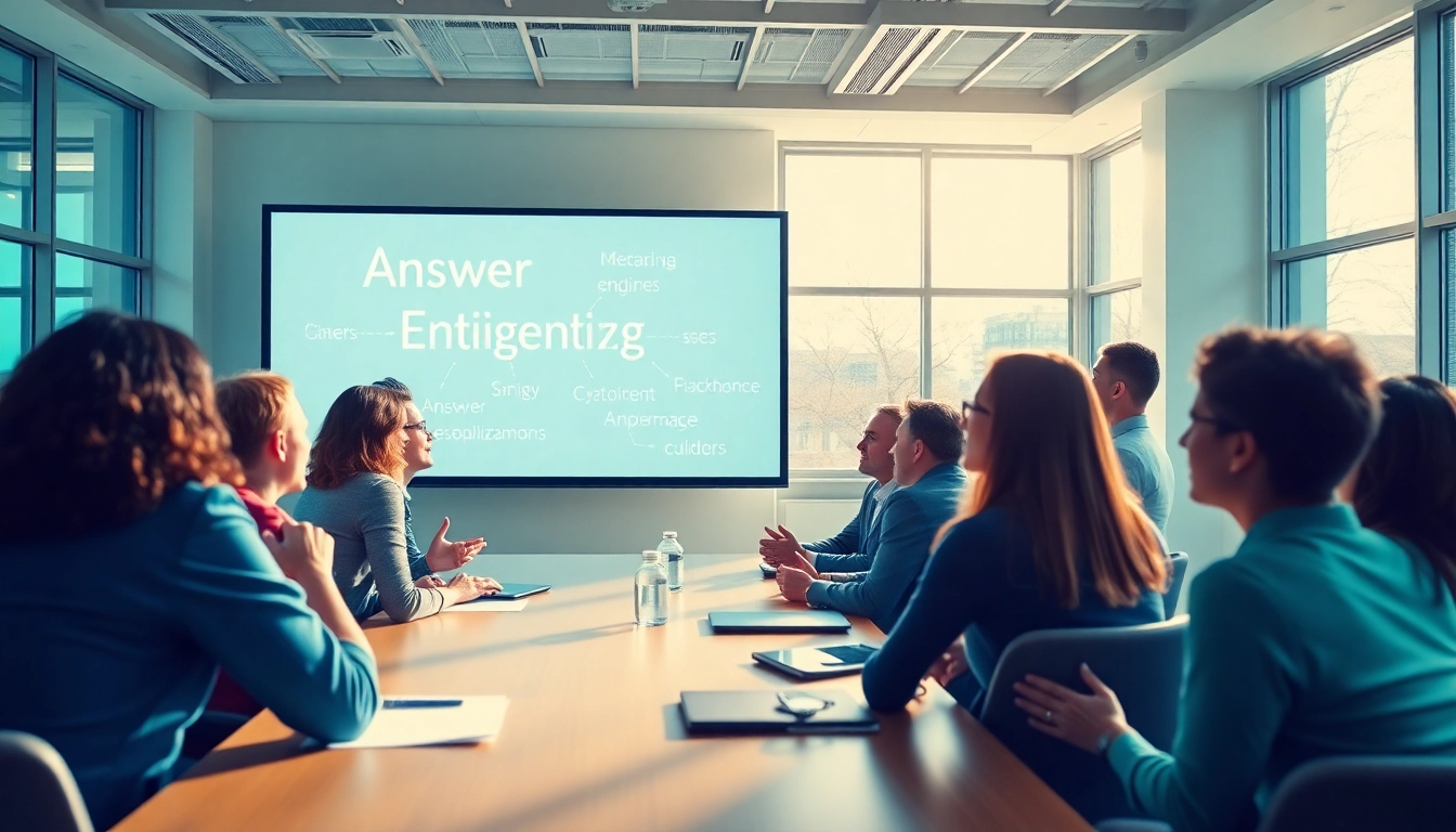 Engaging professionals discussing answer engine optimization strategies in a bright conference room.