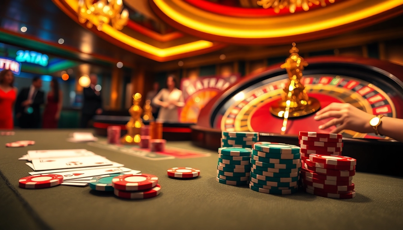 Ikuti permainan toto4d yang mendebarkan di meja kasino yang hidup dengan chip berwarna-warni dan roda roulette.