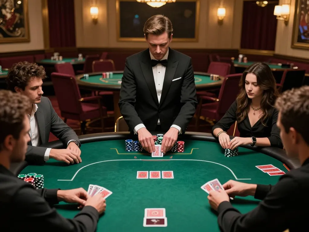 Players strategizing around a high-stakes poker game table, with giường bệnh nhân visible among colorful chips, under luxurious casino lighting.