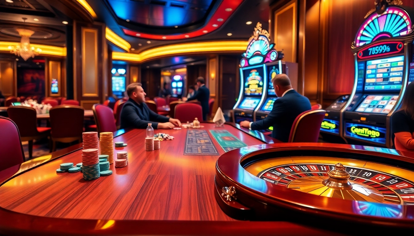 An exciting scene of gambling at 789p featuring a poker table with colorful chips and a spinning roulette wheel.