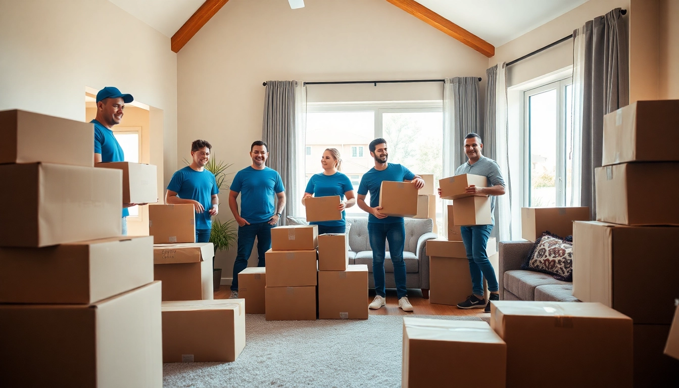 Efficient team of moving company professionals packing boxes in a bright living room.