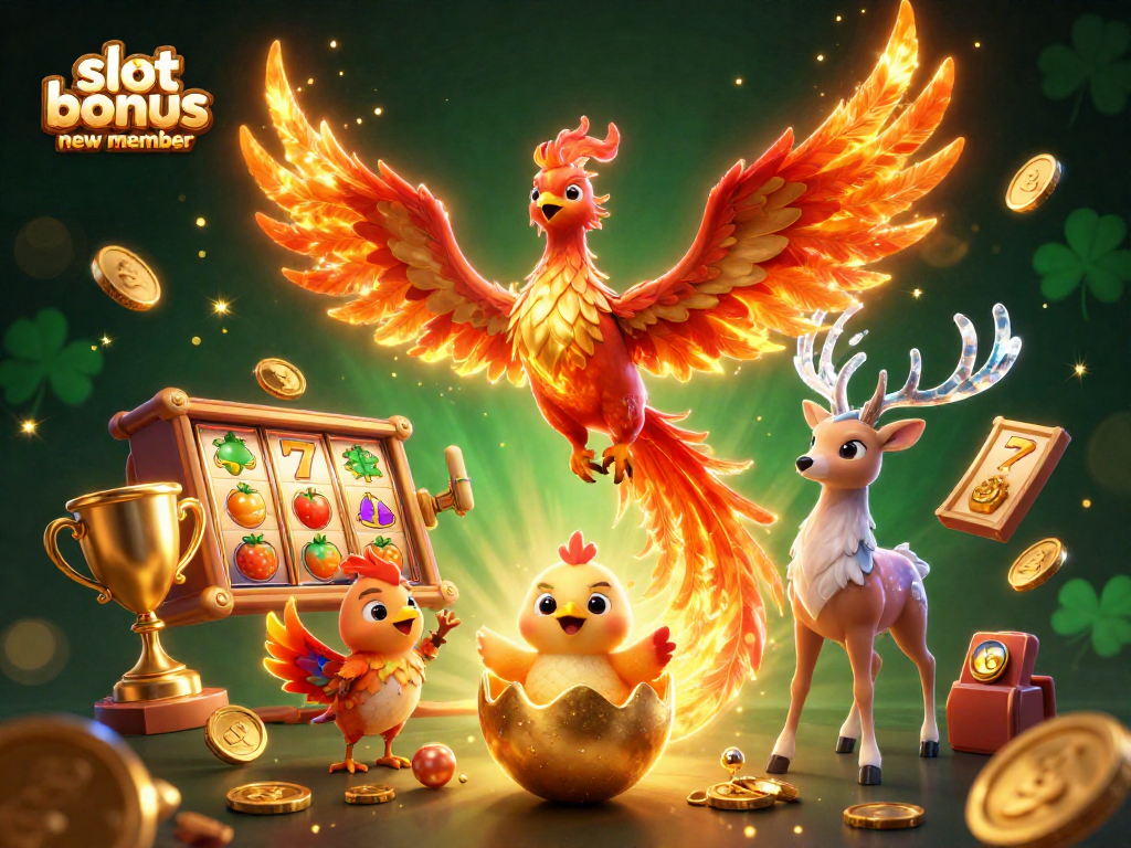 Experience the excitement of slot bonus new member with vibrant casino elements and characters in this 3D illustration.