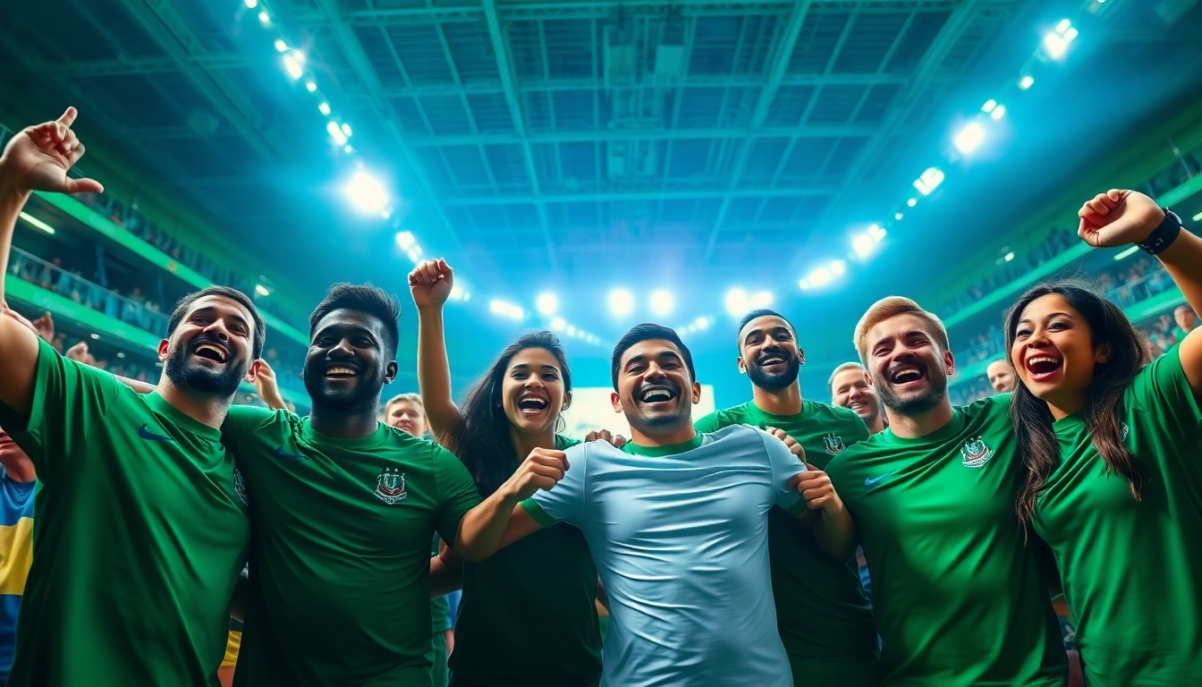 Experience the thrill of victory at https://thesportstribune.in, featuring diverse athletes celebrating in a bright stadium.