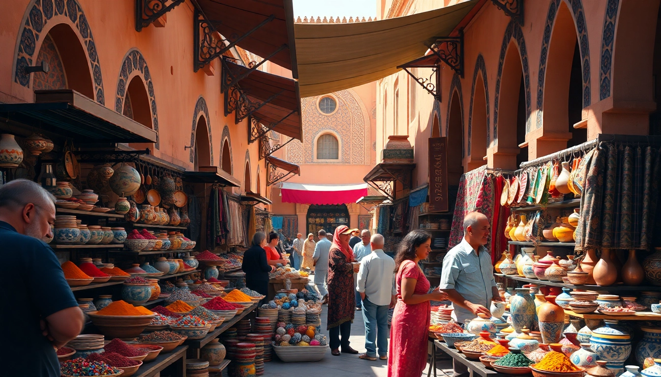 Experience morocco travel through this bustling Moroccan marketplace filled with vibrant colors and local vendors.