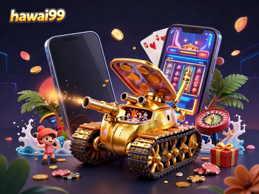Experience the thrilling action of hawai99 with a vibrant casino scene inside a golden beetle tank.