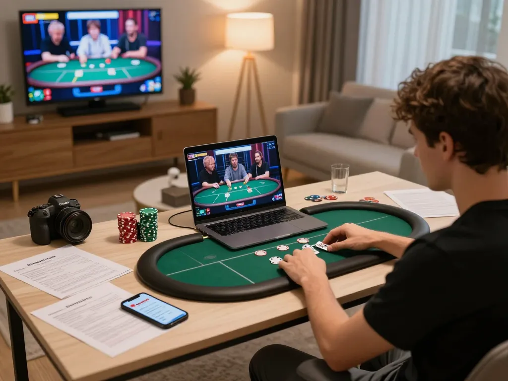 Player focused on Thabet's online poker game at home, with strategies and apps surrounding them.