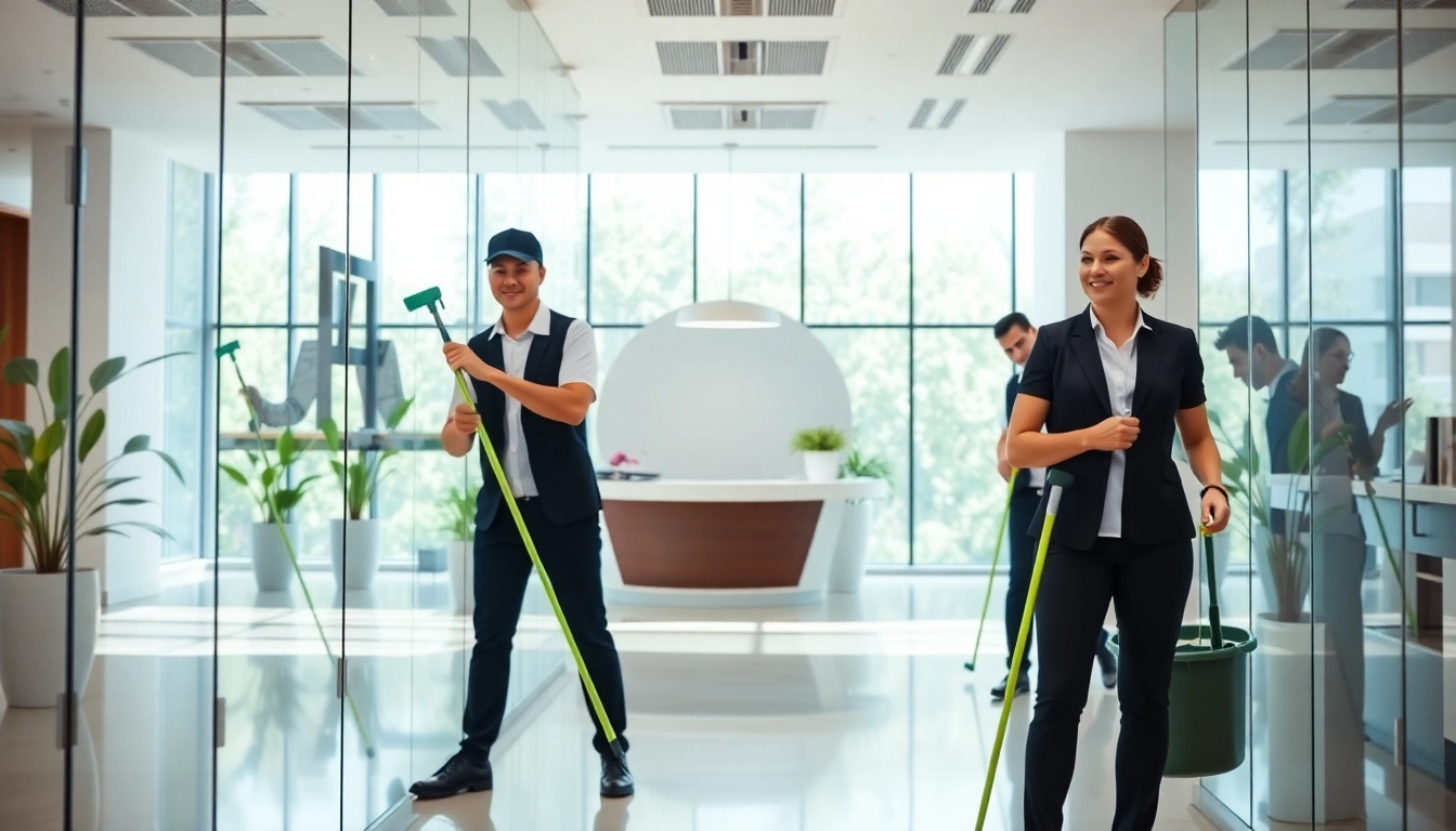 Effiziente Reinigungsteams von https://nm-gebäudeservice.de mit professionellem Ambiente in einem modernen Büro.
