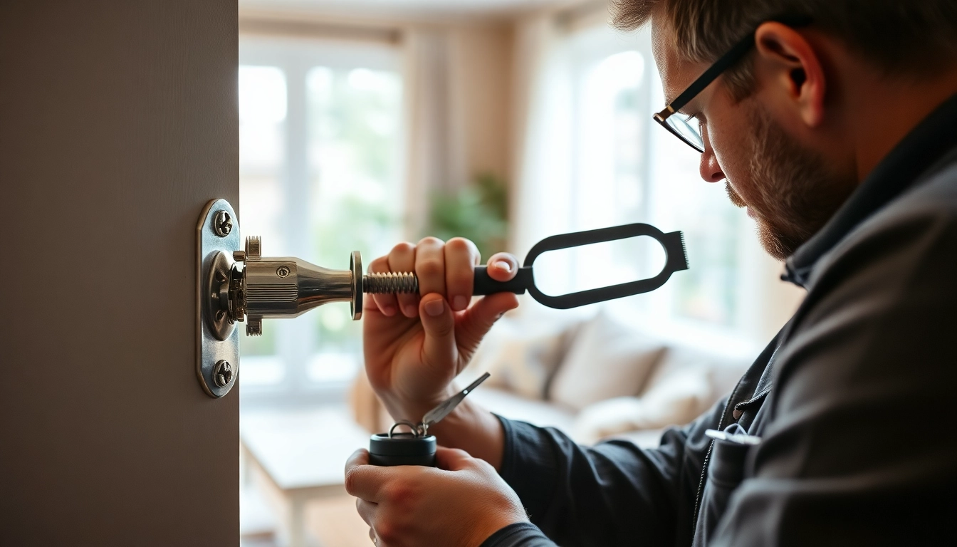 Durham locksmith engaging with a door lock, showcasing expert techniques and tools.