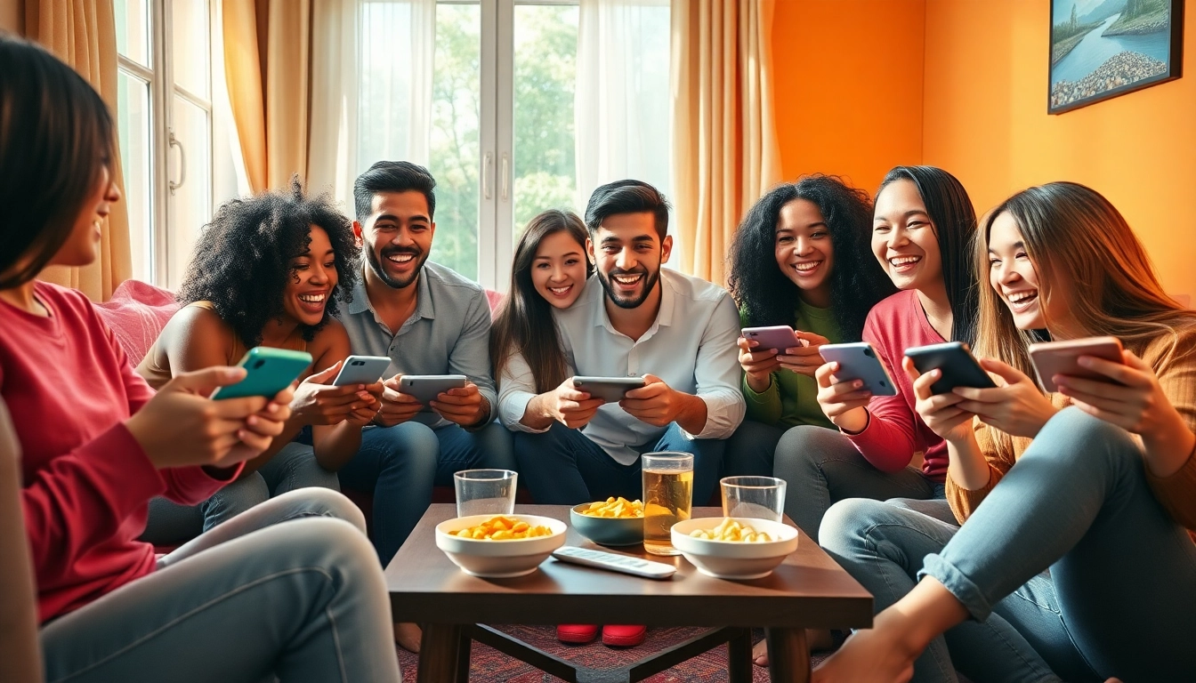 Friends enjoying Jawal Games together in a cozy living room, sharing excitement.