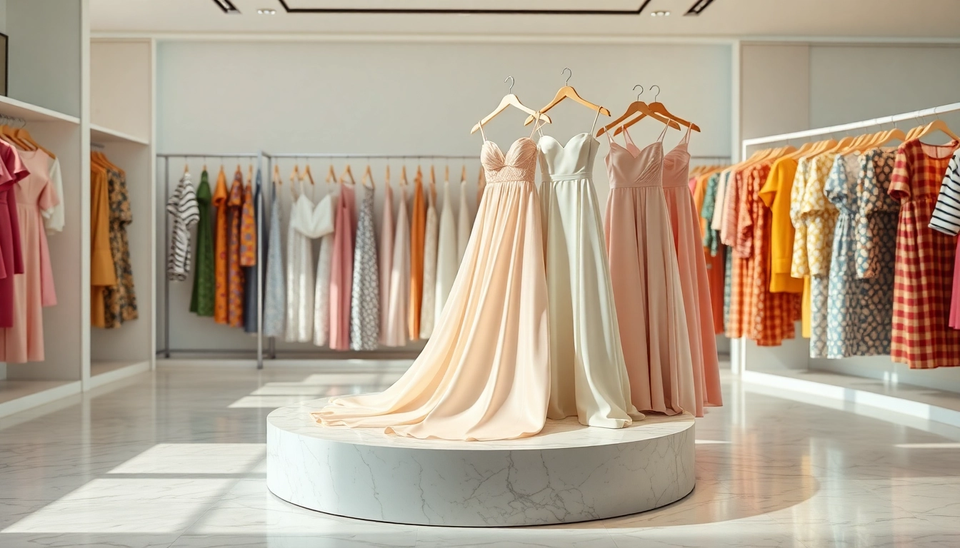 Showcasing elegant designer dresses with luxurious details in a bright boutique setting.