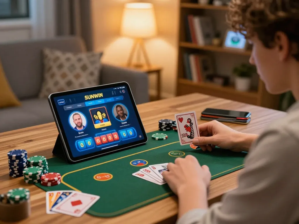 SUNWIN online gaming setup displaying an exciting poker interface on a tablet.