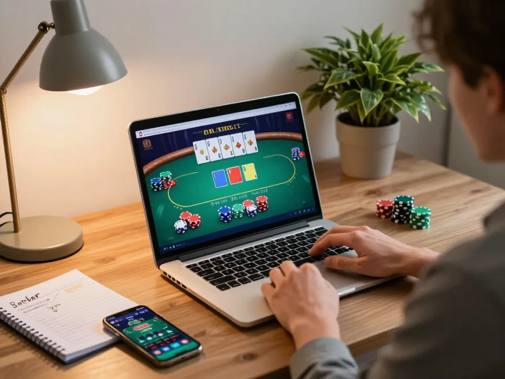Luck8 player enjoying live poker online from a cozy gaming setup, showcasing strategic engagement.