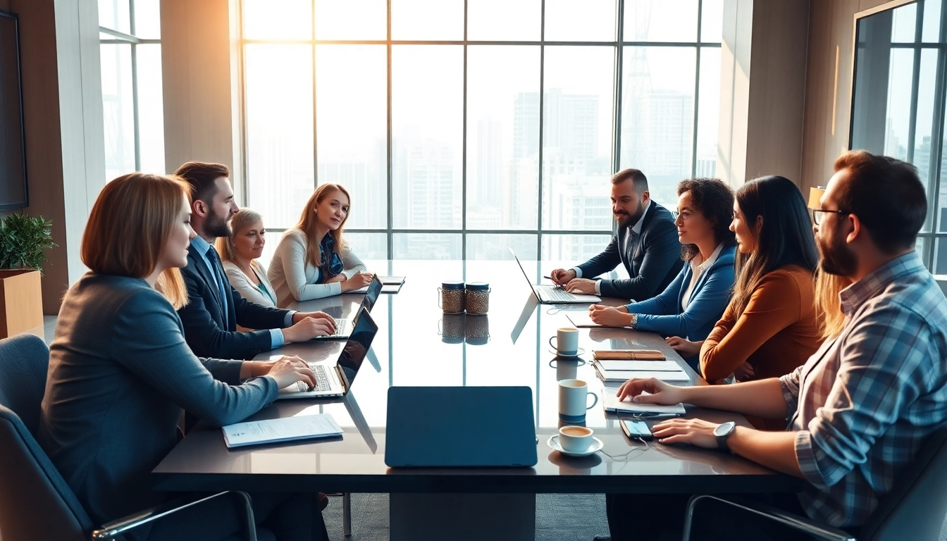 Engaging business meeting showcasing teamwork and collaboration in a vibrant office.