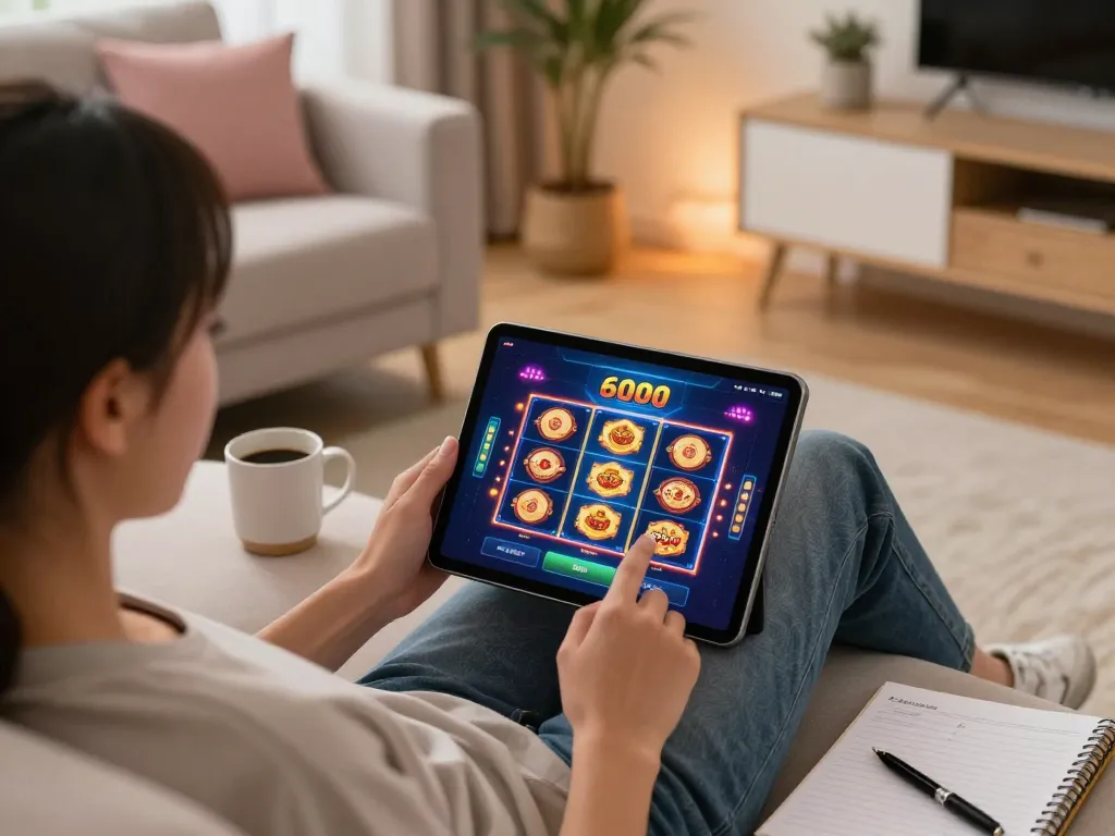 Playing slot6000 on a tablet in a cozy living room, emphasizing responsible gambling.