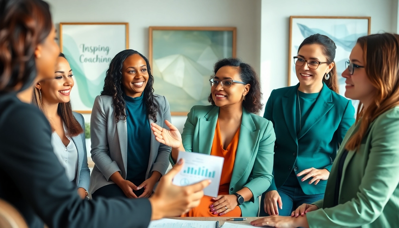 Engaging leadership coaching for women in a vibrant office setting, promoting empowerment and collaboration.