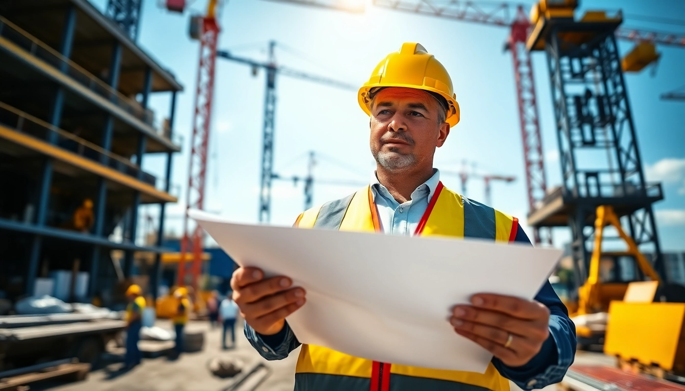 New Jersey Commercial General Contractor reviewing blueprints at an active construction site.