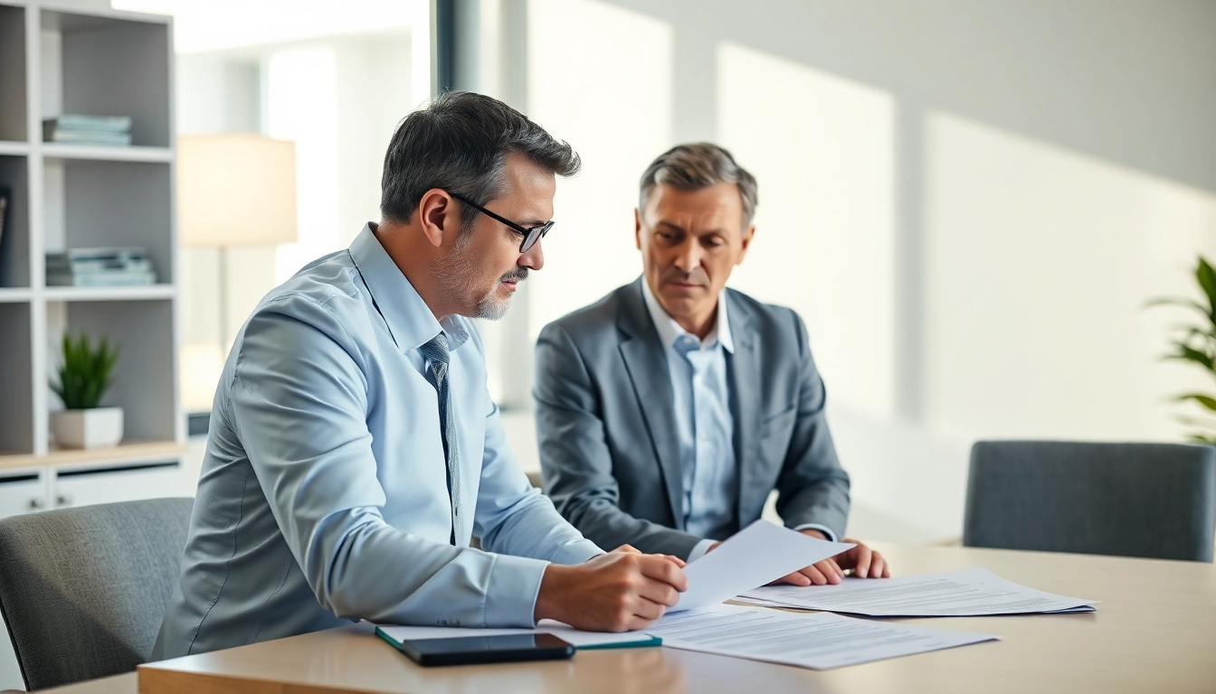 Personal injury attorney consulting with a client in a modern office setting.