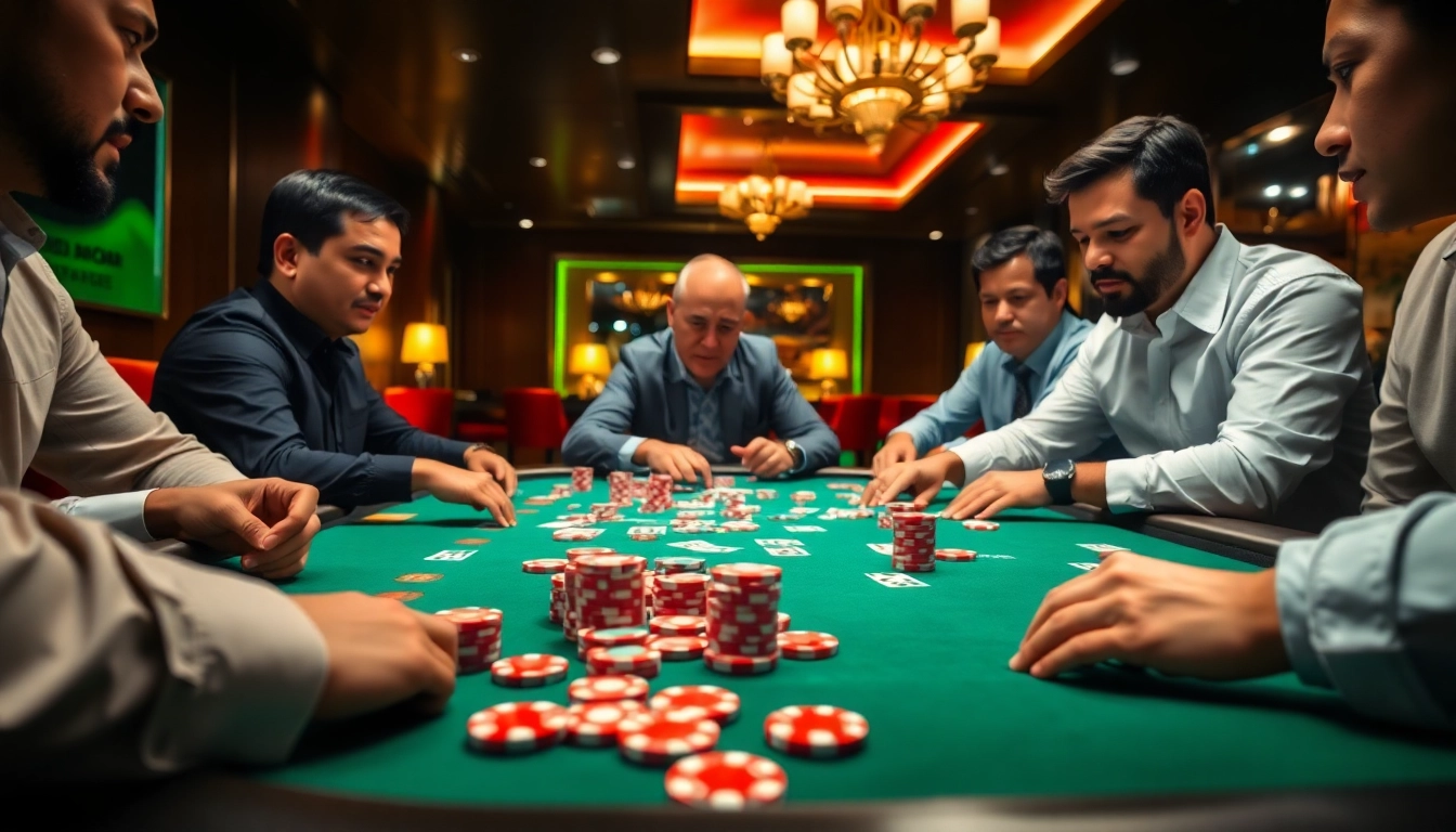 Menangkap suasana intens di Domino88 poker game dengan para pemain dan kartu yang nyata.