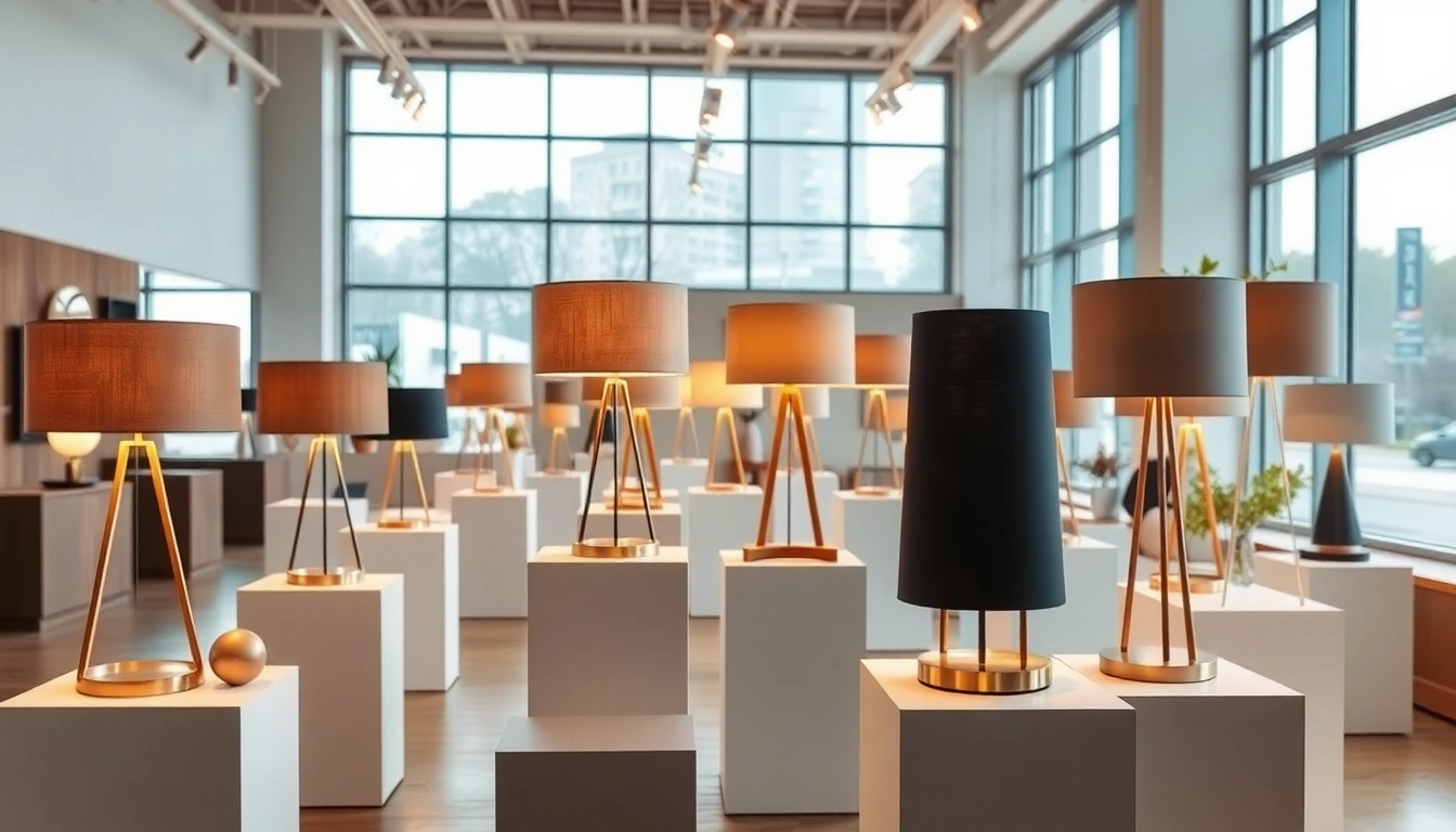 Showcase of ELC Lamps Online in a modern showroom featuring diverse styles and designs.