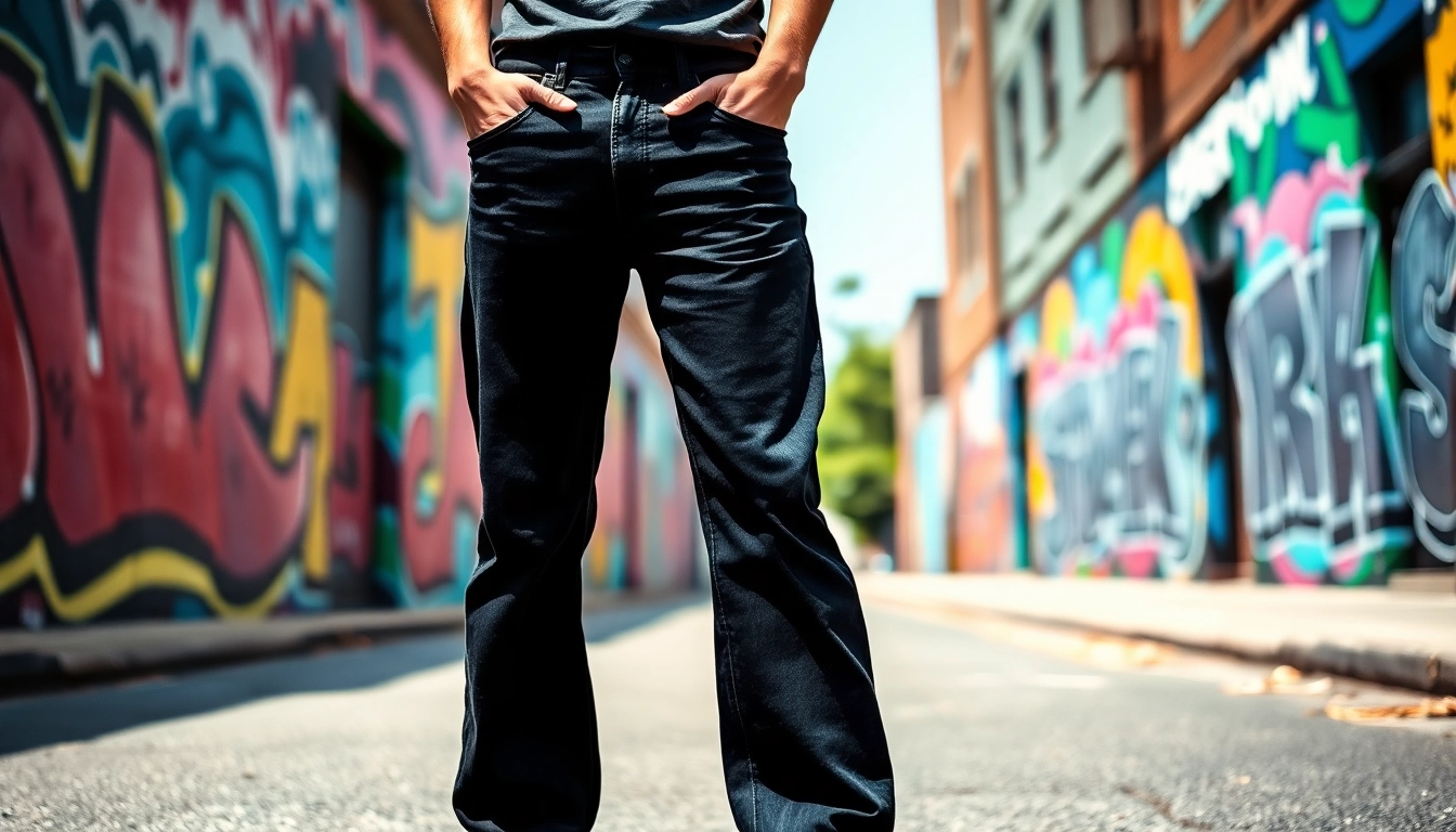 A model showcasing stylish baggy black jeans against an urban graffiti backdrop.