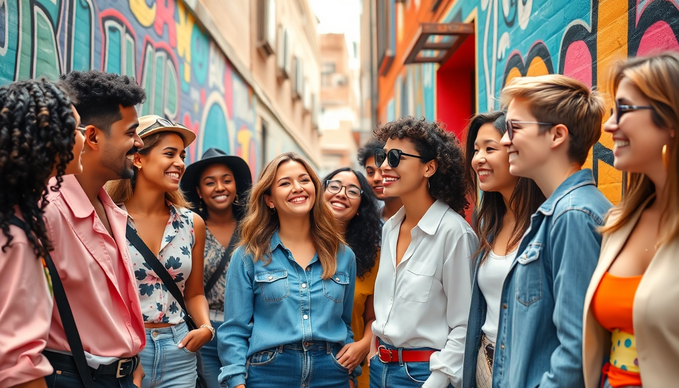 Fashion-forward individuals showcase trendy outfits in a vibrant urban street setting.