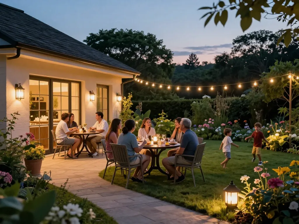 Dusk to dawn outdoor lights illuminating a warm summer evening family gathering in a garden.